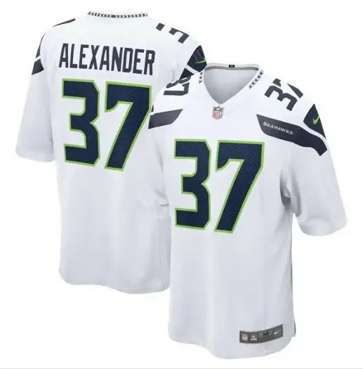 White Seattle Seahawks Shaun Alexander NFL jersey with 37 on front and back