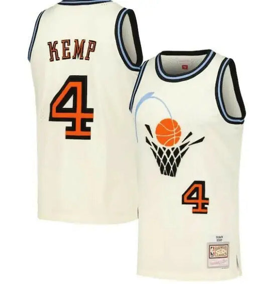 Off-white Shawn Kemp Cleveland Cavaliers swingman jersey with blue black trim and basketball graphics