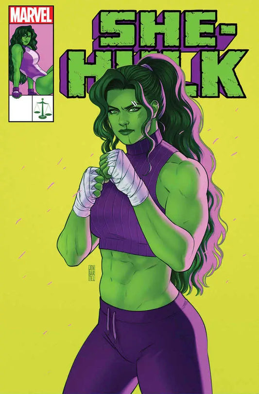 She-Hulk #11 comic book cover featuring She-Hulk in a purple workout outfit ready for action