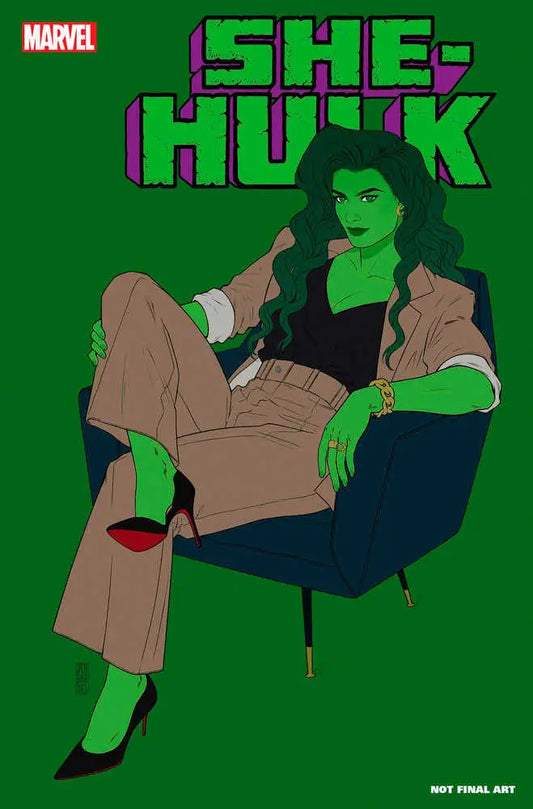 She-Hulk 15 comic book cover with She-Hulk relaxing in chair; ideal for trading cards
