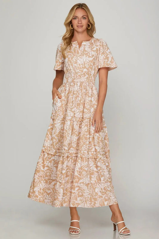 She + Sky tiered pintuck maxi dress in light pink and tan floral print with flutter sleeves