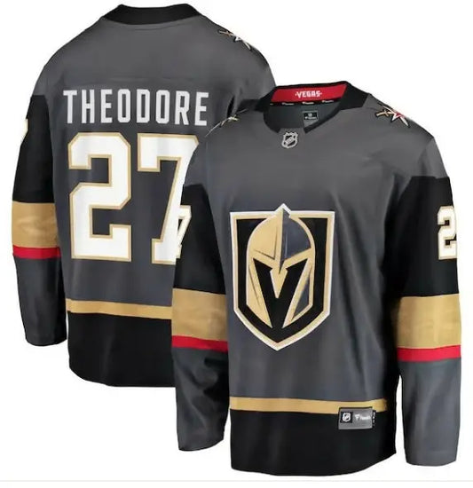 Shea Theodore Vegas Golden Knights alternate breakaway hockey jersey on display