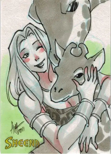 Anime-style sketch card by Irma Ahmed featuring a woman with a giraffe