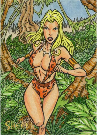 Blonde woman in orange animal-print outfit among jungle foliage on Lak Lim sketch card