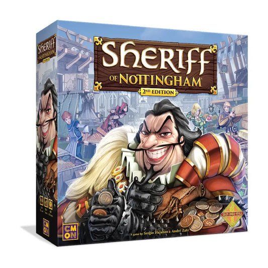 Sheriff of Nottingham 2nd Edition board game showing colorful game components and box