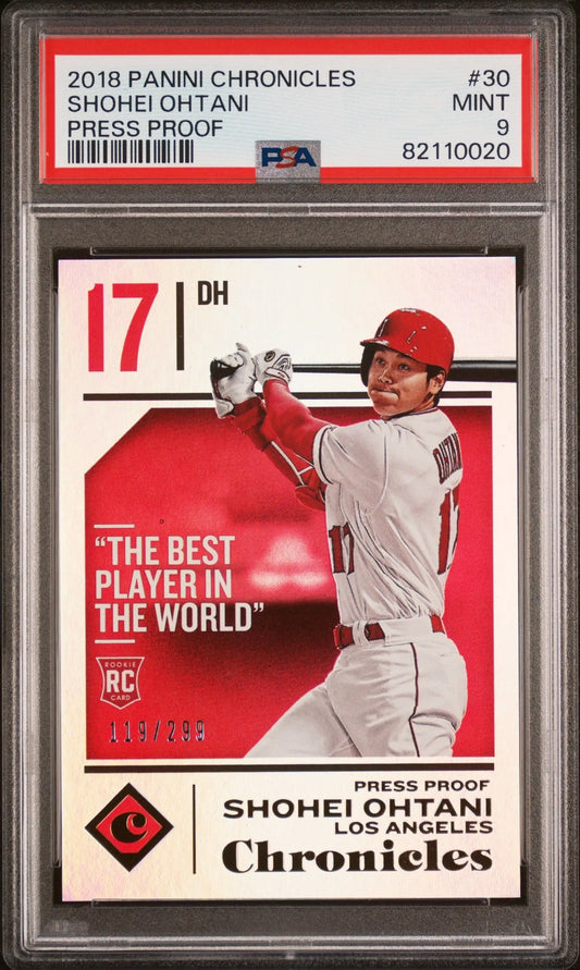 PSA graded Shohei Ohtani 2018 Panini Chronicles Press Proof baseball card on red background