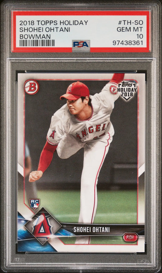 PSA-graded Shohei Ohtani 2018 Topps Bowman Holiday baseball card in delivery motion