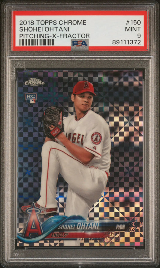 Shohei Ohtani 2018 Topps Chrome Xfractor PSA 9 Mint baseball card with holographic background