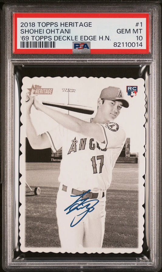 PSA 10 Gem Mint Shohei Ohtani 2018 Topps Heritage Deckle Edge baseball card autograph