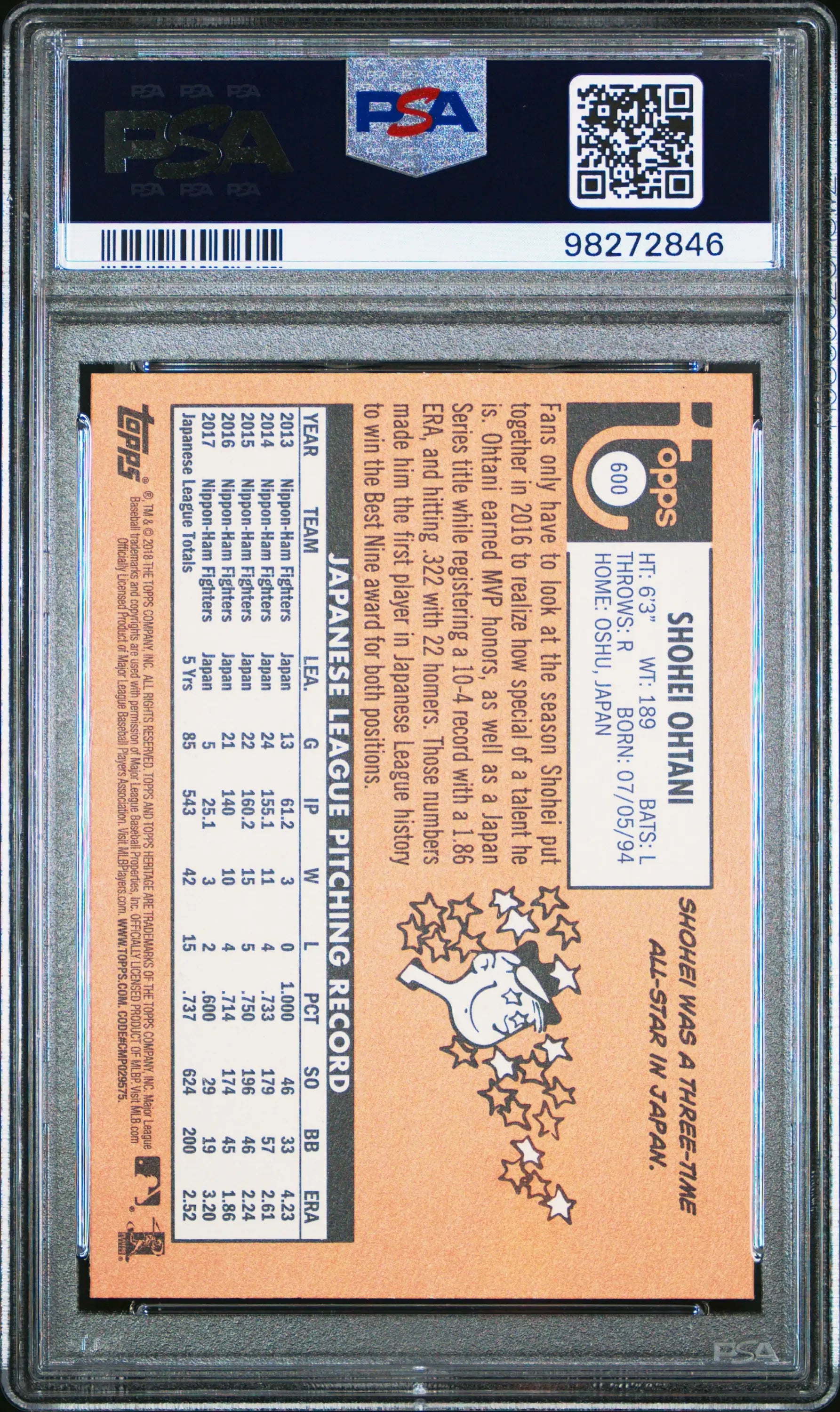 PSA-graded Shohei Ohtani 2018 Topps Heritage Rookie card with orange back artwork