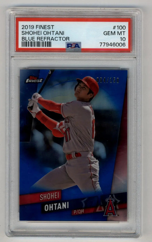 Graded Shohei Ohtani baseball card featuring finest blue refractor 064/150 PSA 10 Gem Mint