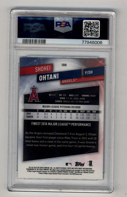 Shohei Ohtani baseball card in protective case featuring Finest Blue Refractor 064/150 PSA 10