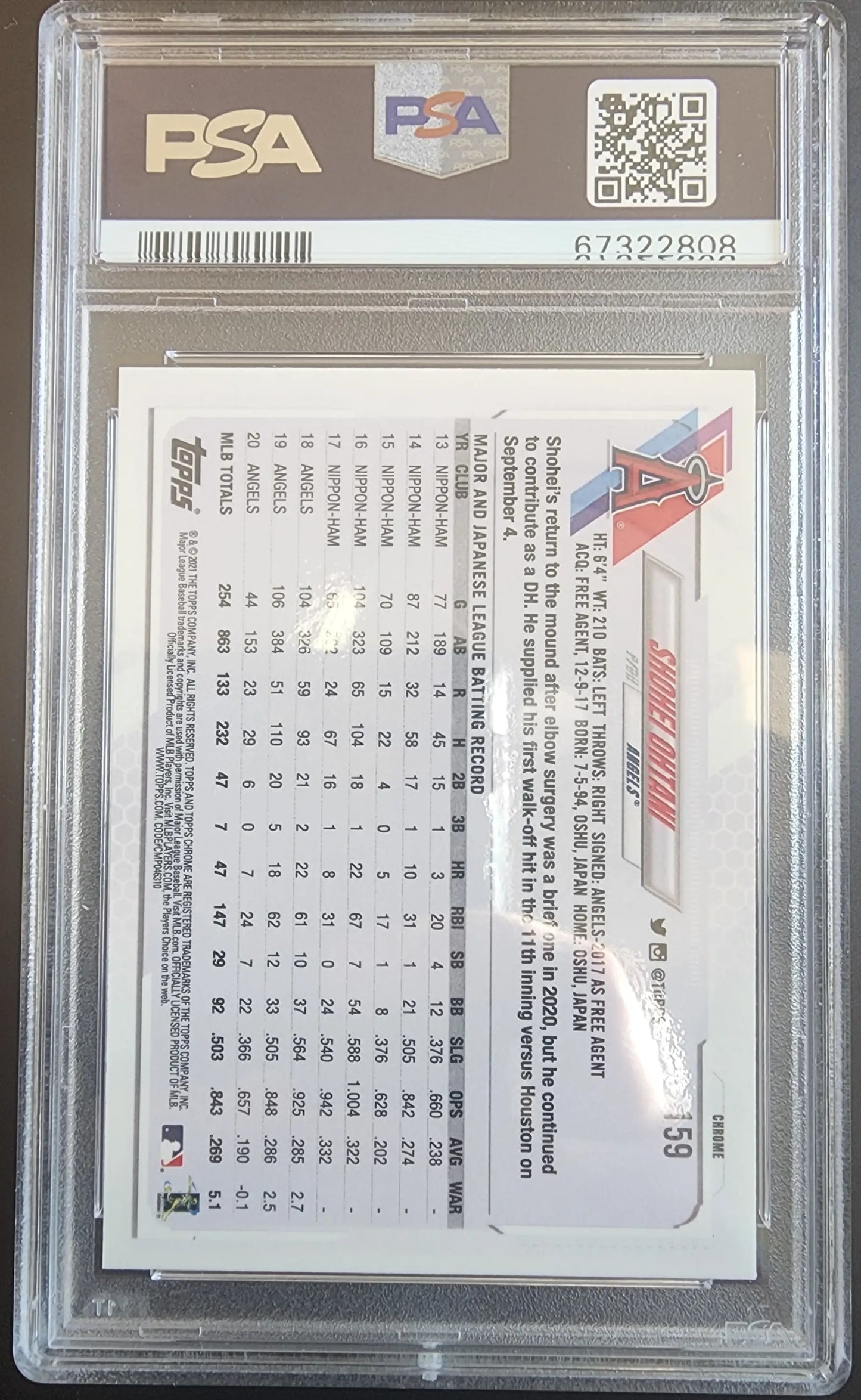 PSA-graded Shohei Ohtani 2021 Topps Chrome Black White Mini Diamond Refractor card in case
