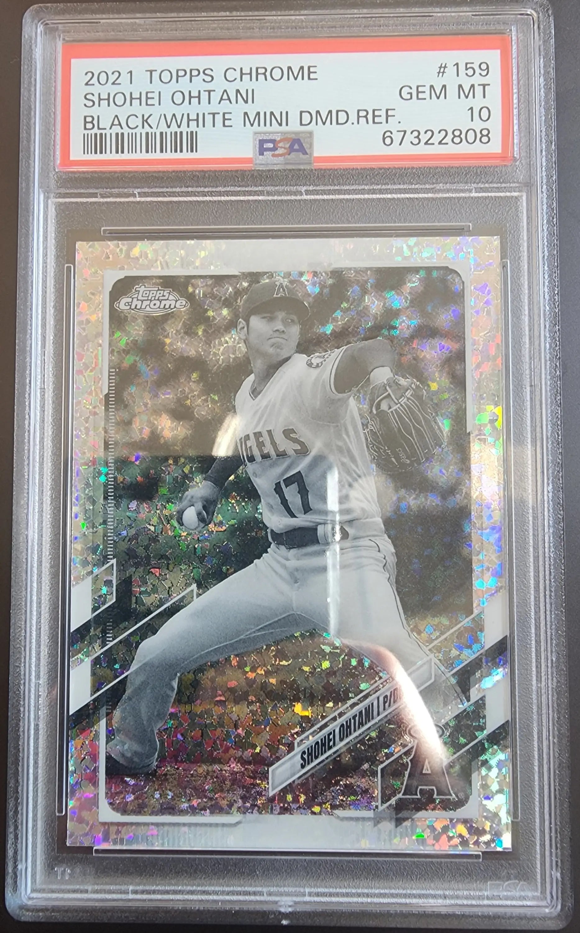 PSA-graded Shohei Ohtani 2021 Topps Chrome white mini diamond baseball card with rainbow effect