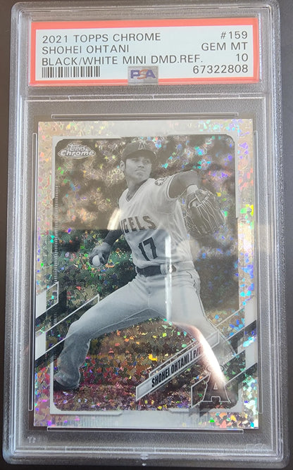 PSA-graded Shohei Ohtani 2021 Topps Chrome white mini diamond baseball card with rainbow effect