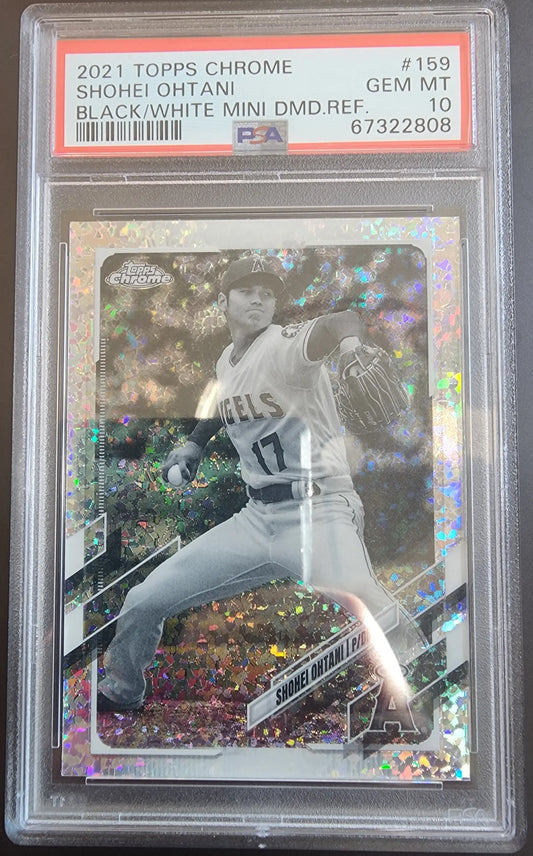 PSA-graded Shohei Ohtani 2021 Topps Chrome white mini diamond baseball card with rainbow effect