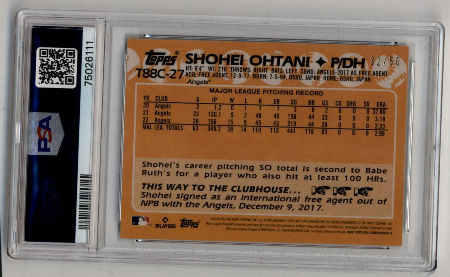 Shohei Ohtani baseball card in PSA 8 slab from 2023 Topps Silver Pack Gold Refractor