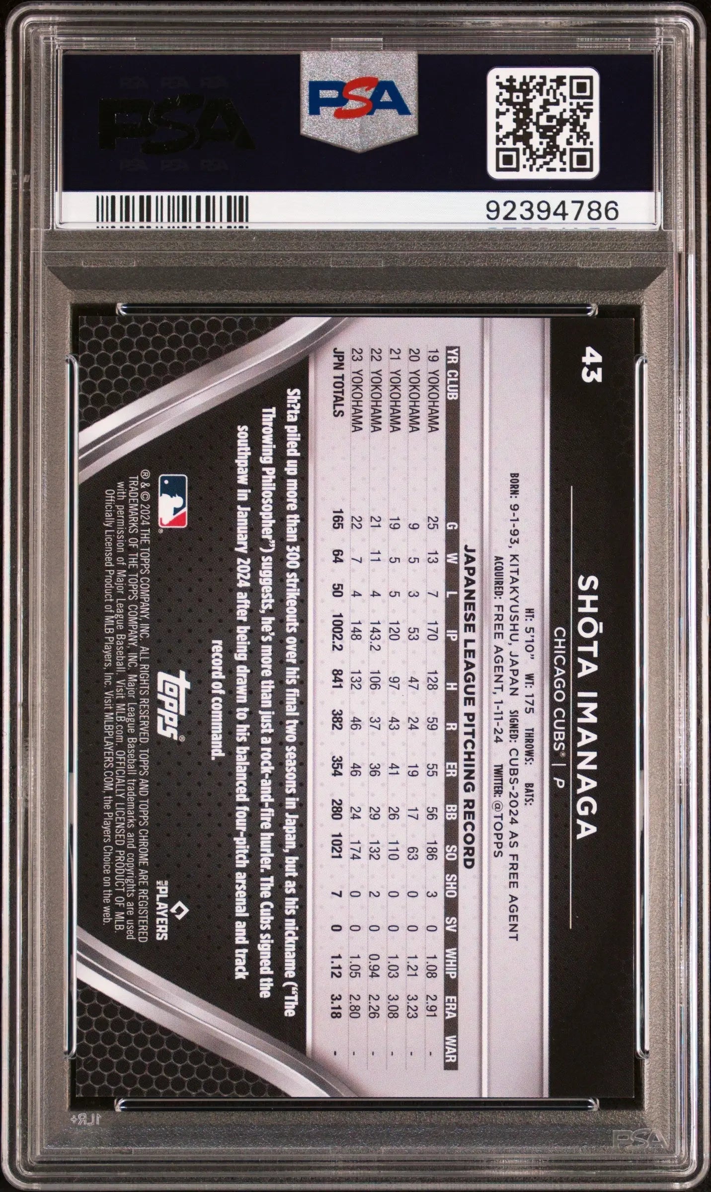 Shota Imanaga 2024 Topps Chrome Black Rose Gold Wave PSA 10 trading card