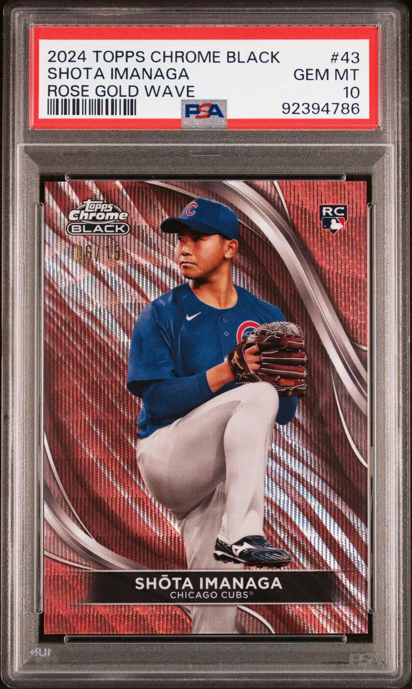 Shota Imanaga 2024 Topps Chrome Black Rose Gold Wave baseball card in Gem Mint 10