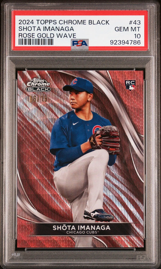 Shota Imanaga 2024 Topps Chrome Black Rose Gold Wave baseball card in Gem Mint 10
