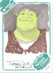 Green ogre-like character with large ears on Tess Fowler Sketch Card from Shrek the Third
