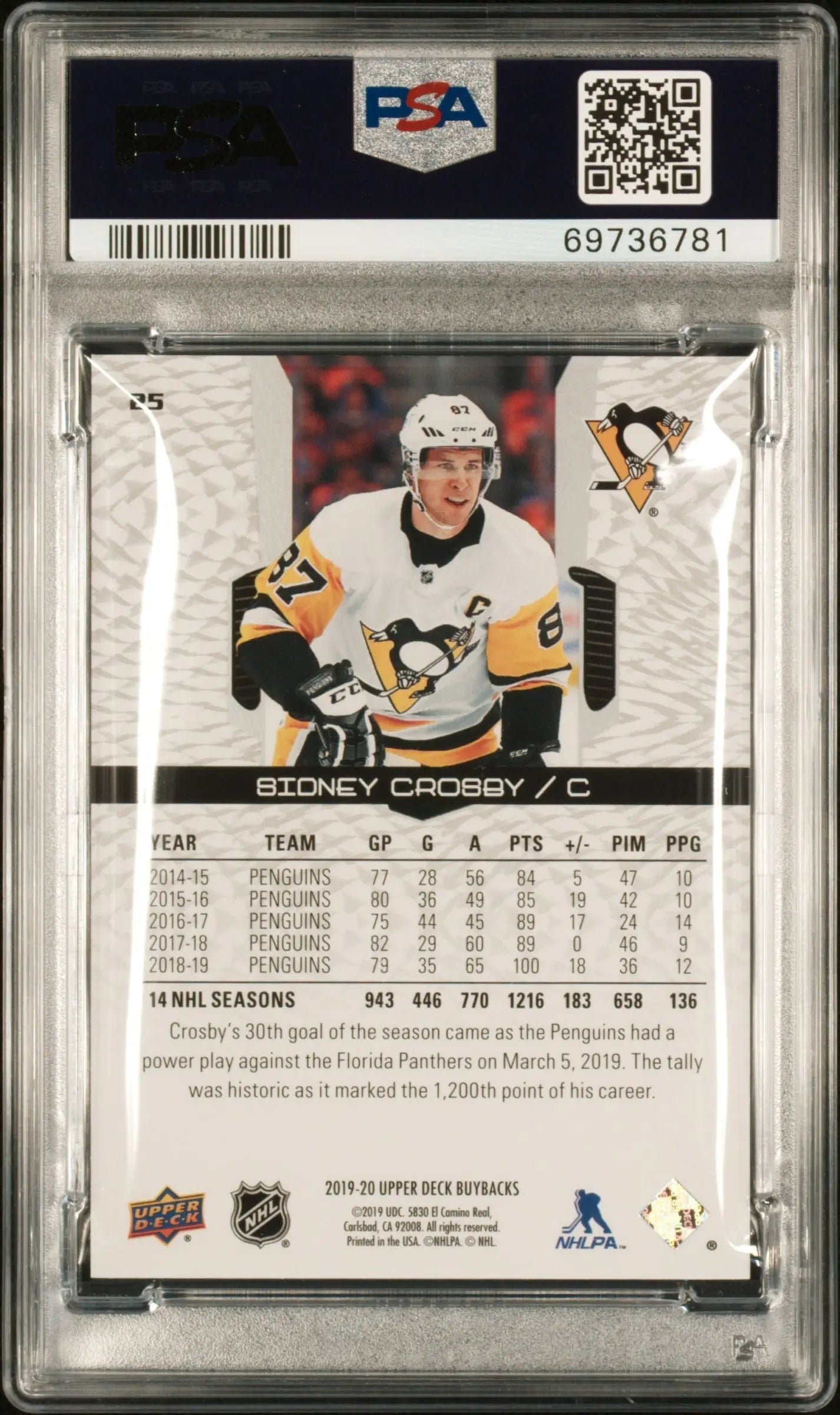 Sidney Crosby 2019 Upper Deck Buybacks #196/199 PSA 10 Gem Mint - Singles