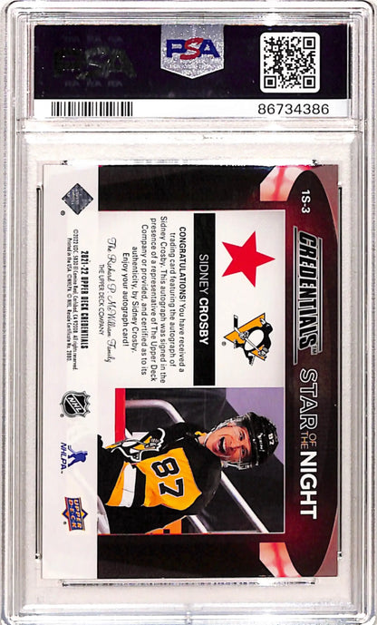 Graded Sidney Crosby hockey trading card with autograph from Upper Deck Credentials 1st Star