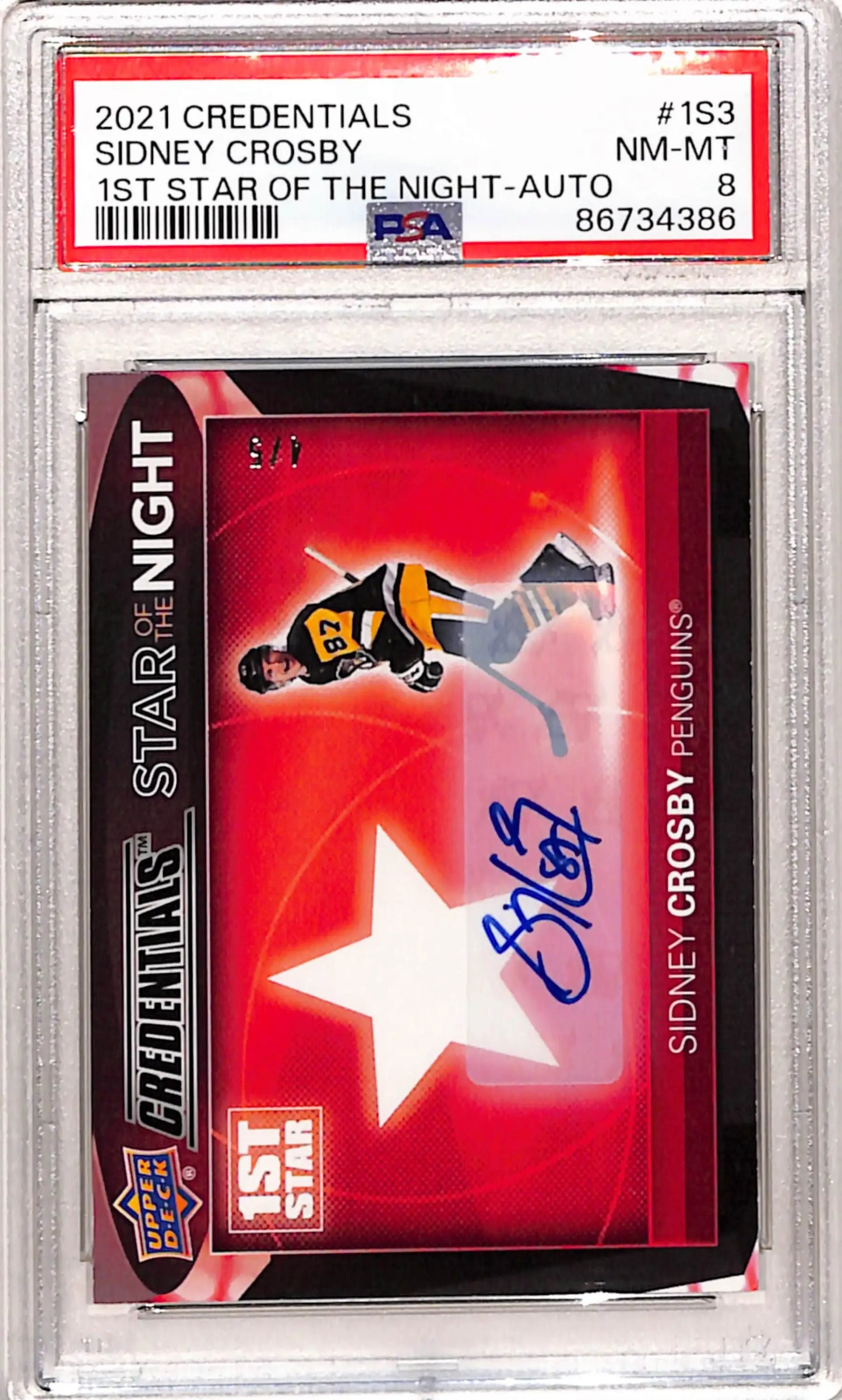 Graded Sidney Crosby autographed hockey card from Upper Deck Credentials 1st Star series
