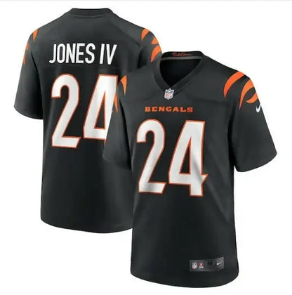 Black Cincinnati Bengals NFL jersey with JONES IV and number 24 displayed in white