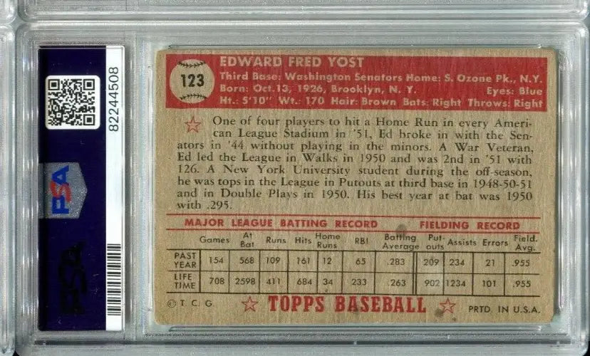 Graded Eddie Yost baseball card from 1952 Topps for Washington Senators trading cards