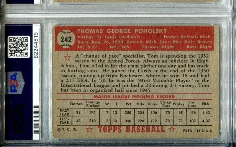 Signed 1952 Topps Tom Poholsky Baseball Card PSA 3 DNA Mint 9 Auto Trading Cards