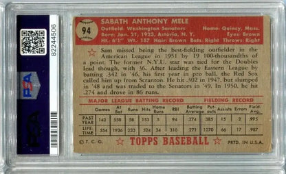 Signed 1952 Topps #94 Sam Mele Trading Card Washington Senators PSA 3 DNA 8 Auto