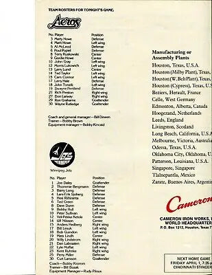 Vintage Houston Aeros hockey team roster featuring Terry Ruskowski and Cam Connor