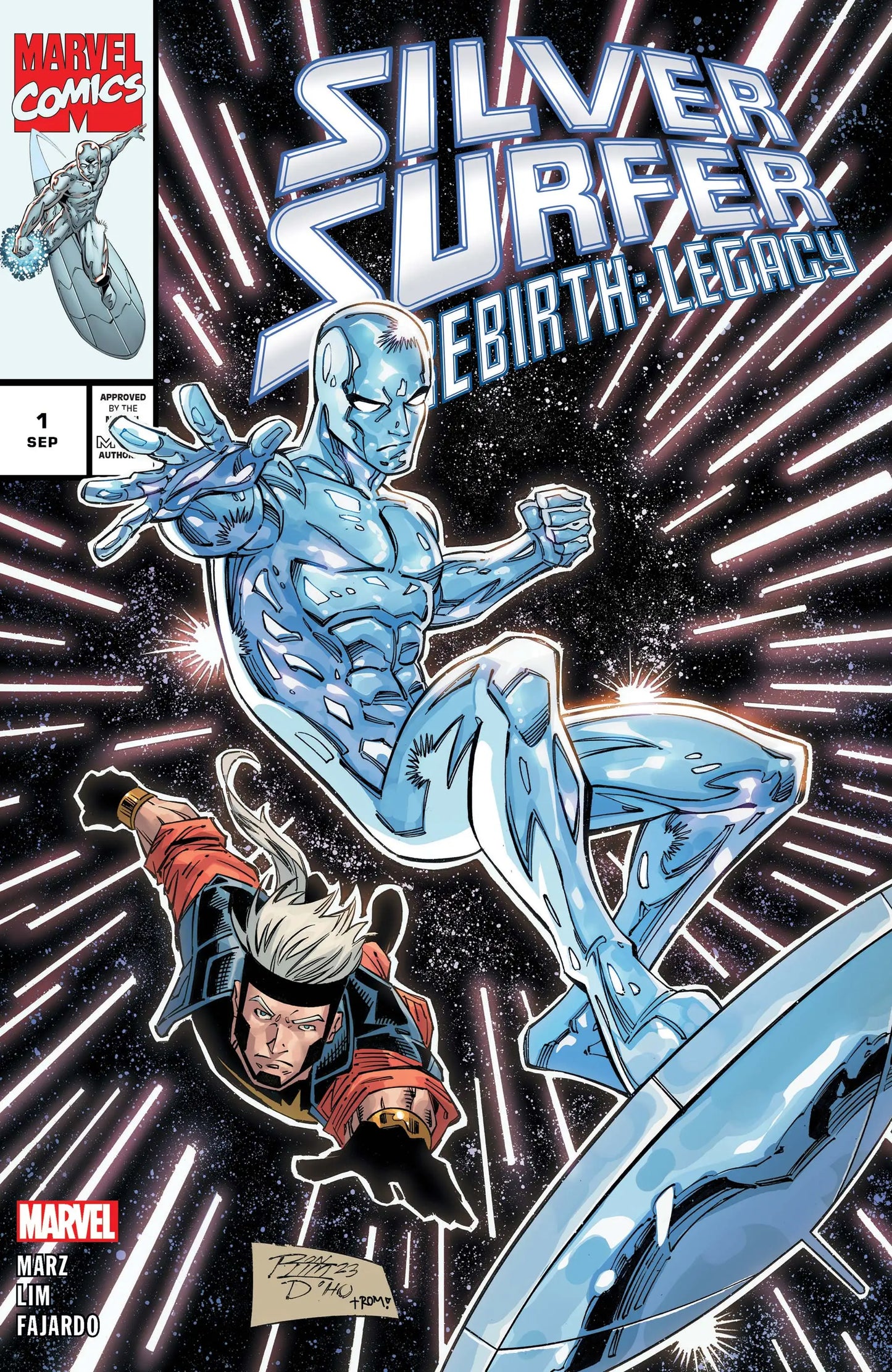 Comic book cover of Silver Surfer in action for Silver Surfer Rebirth: Legacy 1