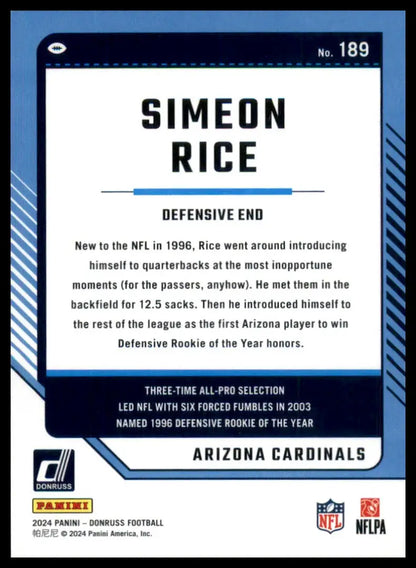 Simeon Rice football trading card from 2024 Donruss series featuring Arizona Cardinals