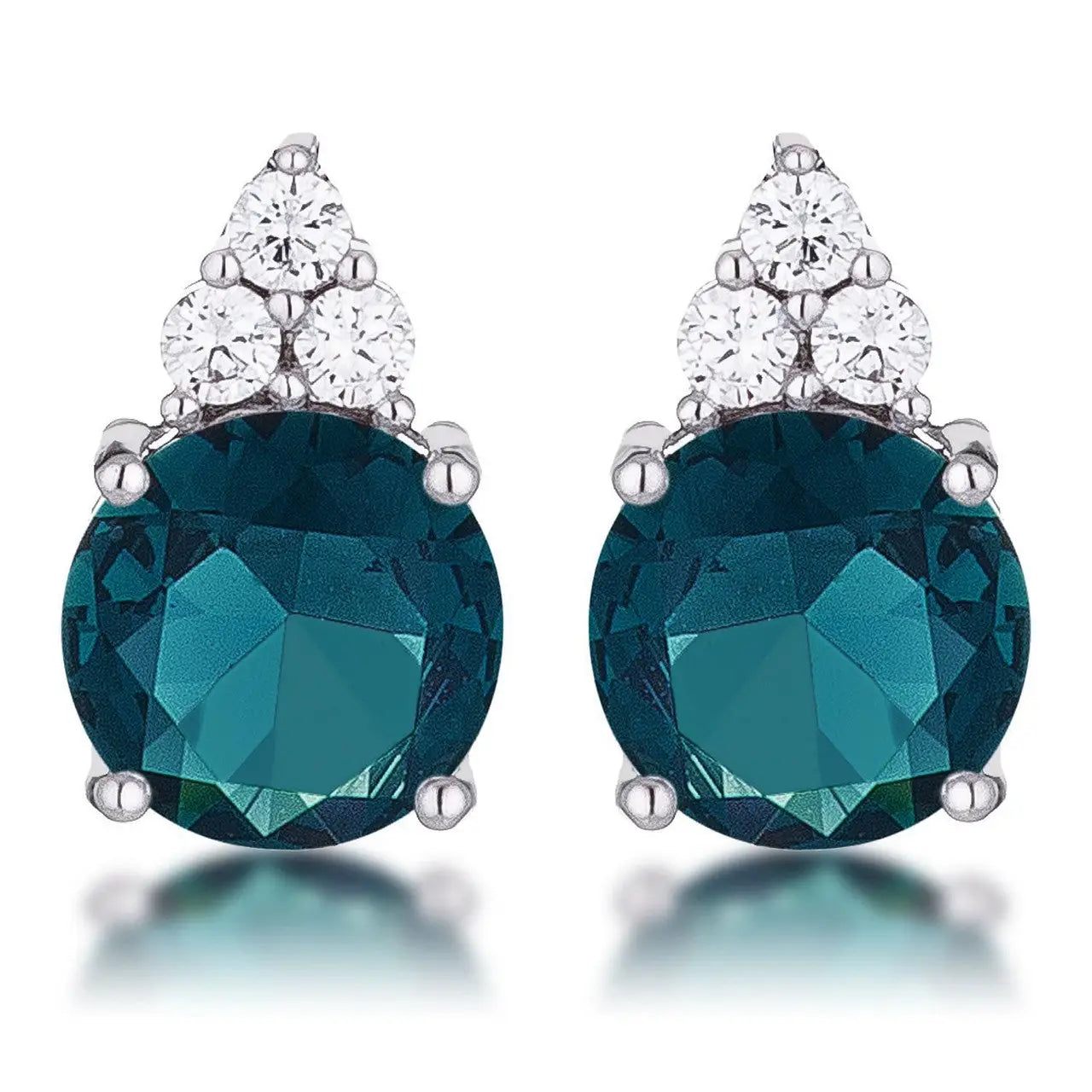Simple Rhodium Plated 9mm Blue Green CZ Stud Earring - Earrings
