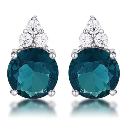 Simple Rhodium Plated 9mm Blue Green CZ Stud Earring - Earrings