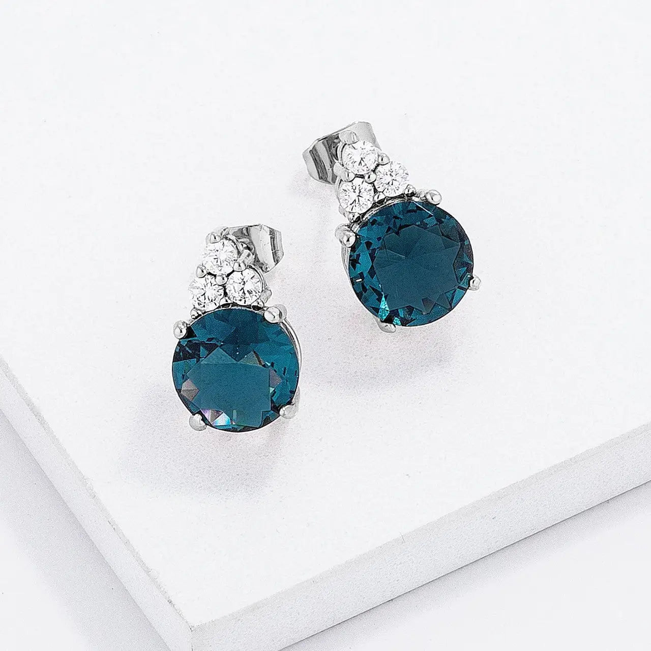Simple Rhodium Plated 9mm Blue Green CZ Stud Earring - Earrings
