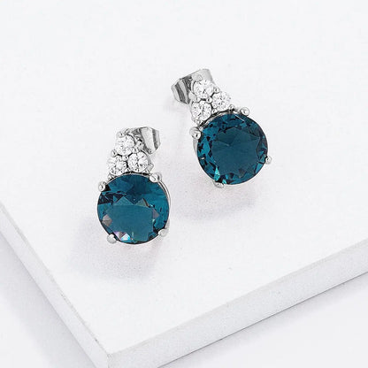 Simple Rhodium Plated 9mm Blue Green CZ Stud Earring - Earrings