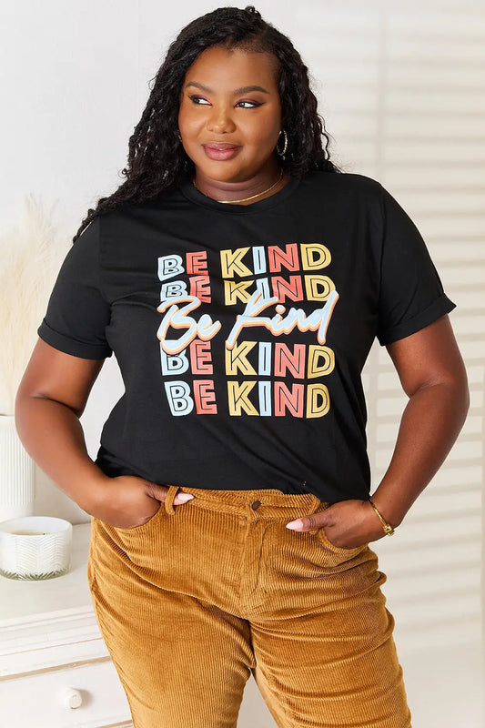 Black short-sleeved Be Kind graphic round neck T-shirt with colorful print