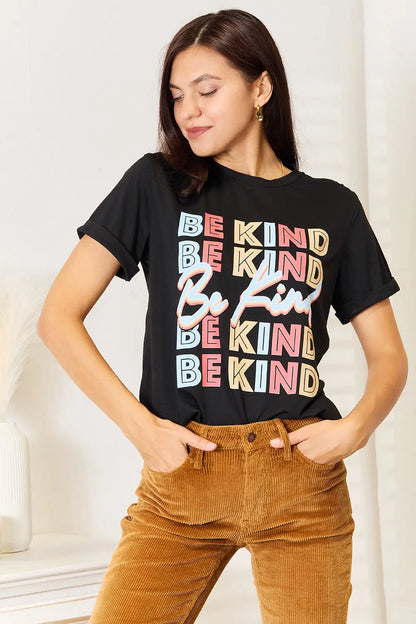 Black short-sleeved T-shirt with colorful BE KIND graphic and round neck design