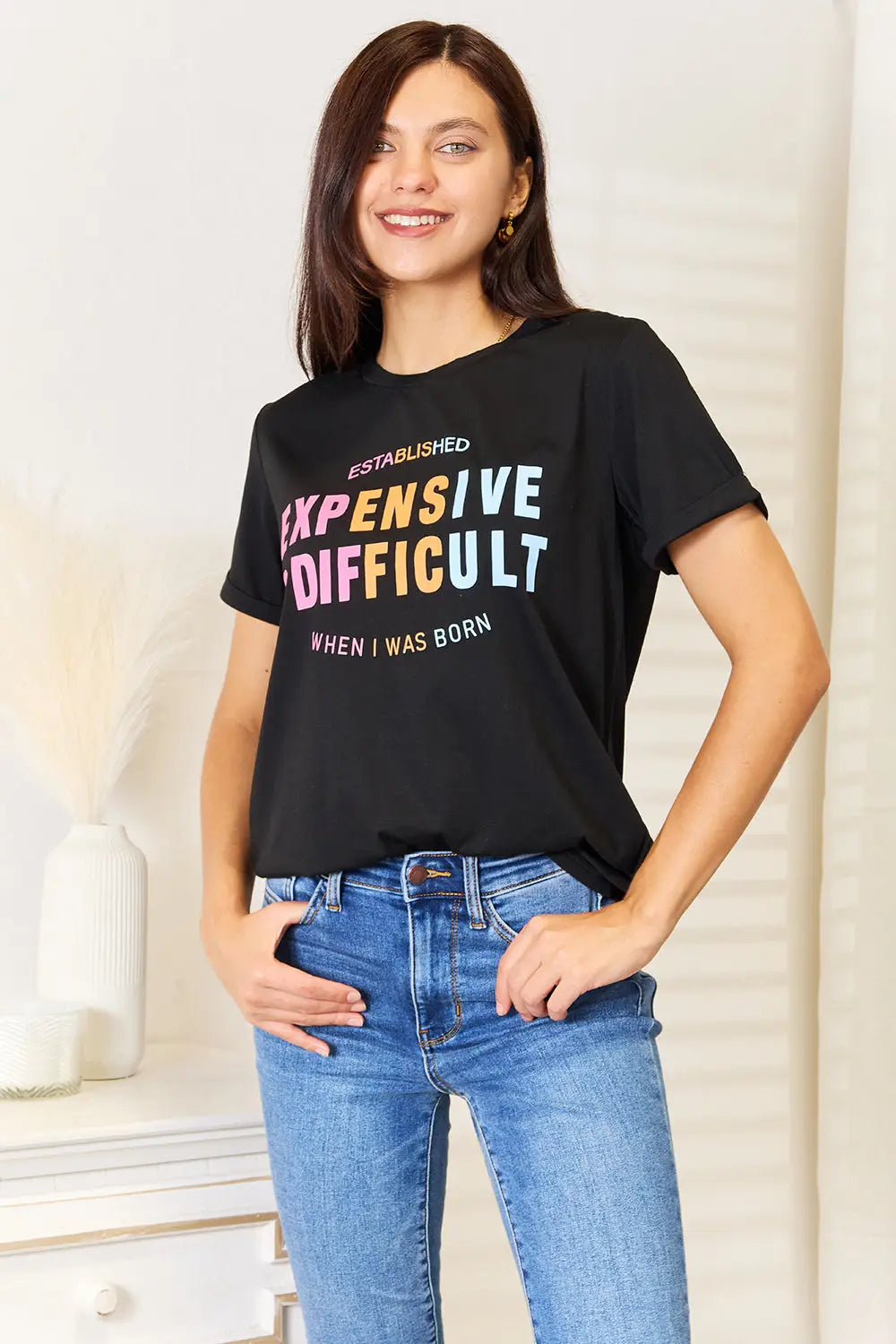 Simply Love Slogan Graphic Cuffed Sleeve T-Shirt - Black / S