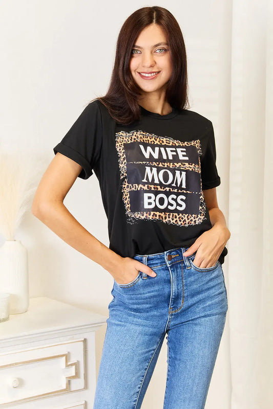Simply Love WIFE MOM BOSS Leopard Graphic T-Shirt - Black / S