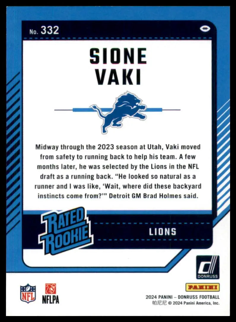 Back of a Sione Vaki Detroit Lions trading card from 2024 Donruss Rookie series