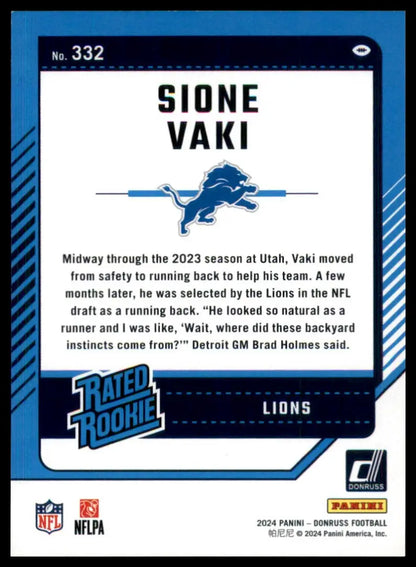 Back of a Sione Vaki Detroit Lions trading card from 2024 Donruss Rookie series