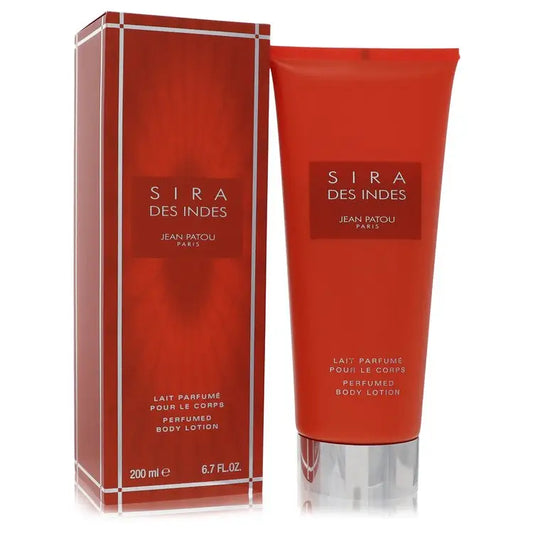 Red Sira Des Indes perfumed body lotion and box from Jean Patou displayed
