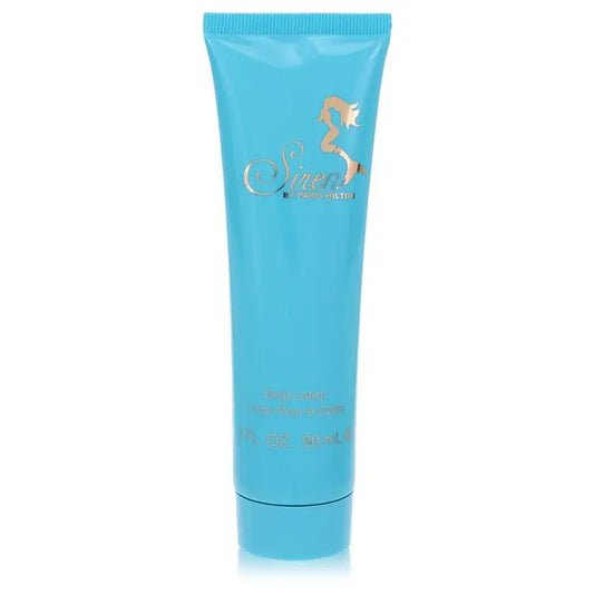 Turquoise blue Paris Hilton body lotion tube with golden mermaid logo for Siren by Paris Hilton