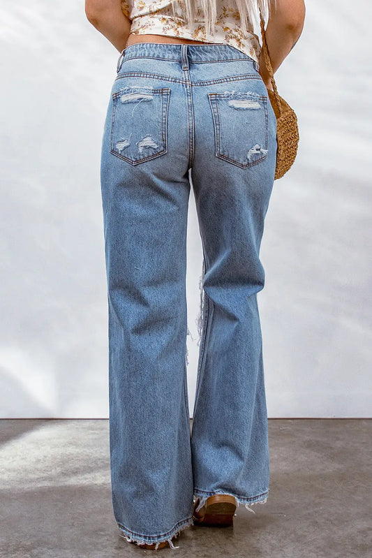 Sky Blue Destroyed Wide Leg Flare Jeans with distressed details and frayed hem