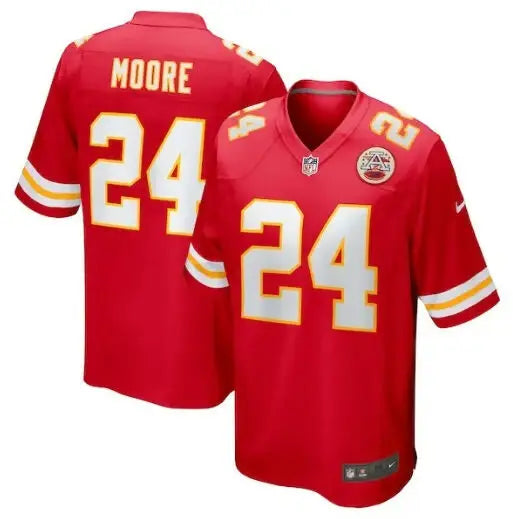Red Skyy Moore Kansas City Chiefs Nike Game Player Jersey with white number 24 and gold trim