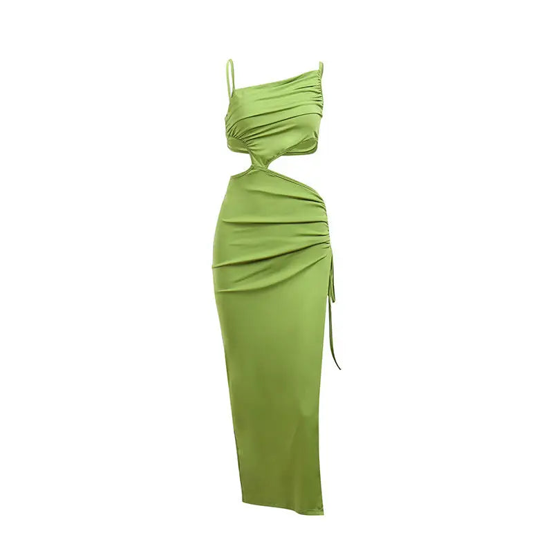 Lime green sloping shoulders hollow out split irregular tie-up dress with cut-outs and ruching
